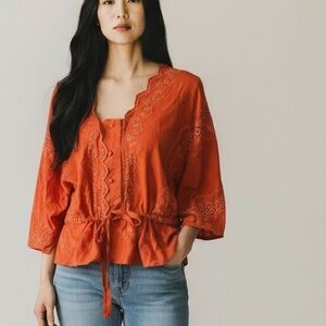 ASOS Orange Embroidered Blouse with Tie Waist | Boho Peasant Top | Size 0